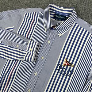 Vintage Polo Ralph Lauren Shirt Mens XL Blue Striped RLYC Flag Patchwork 90s